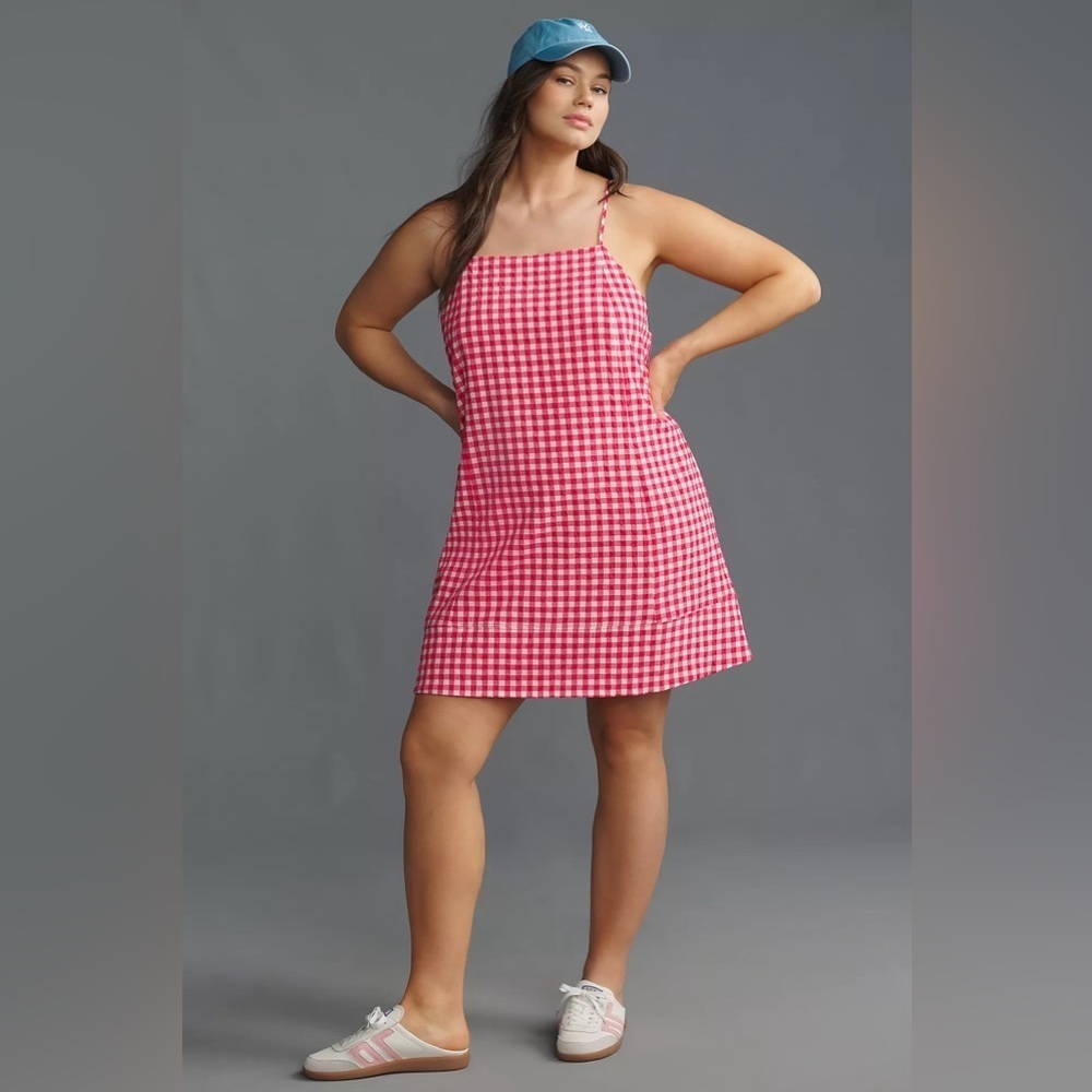 NWT! By Anthropologie Apron-Style Raspberry/White Gingham Mini Dress 🪀❄️
